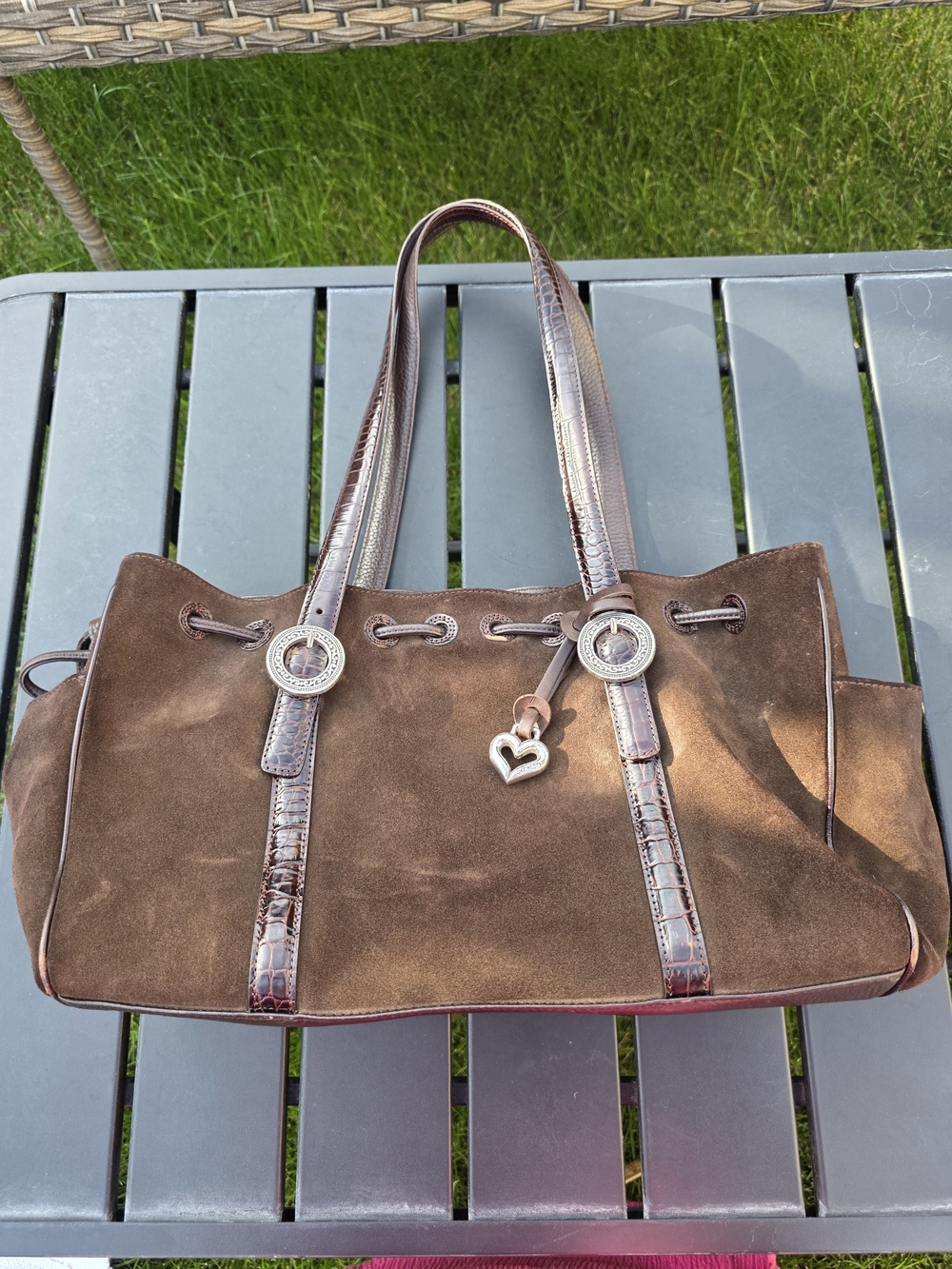 Brighton Brown Suede Shoulder Bag Croc Trim Silver Heart Charm Drawstring GUC